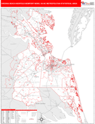 Virginia Beach-Norfolk-Newport News Metro Area Digital Map Red Line Style